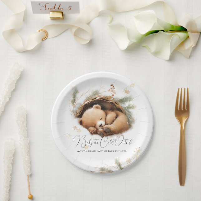Cold Outdoor Woodland Bear Winter Baby Dusche Pappteller (Hochzeit)