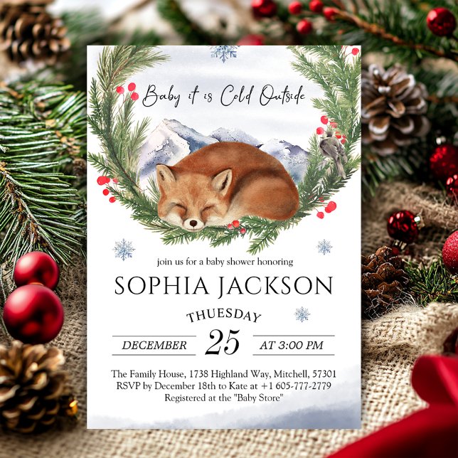 Cold Outdoor Woodland Fox Winter Baby Dusche Einladung (Cold Outside Woodland Fox Winter Baby Shower Invitation)