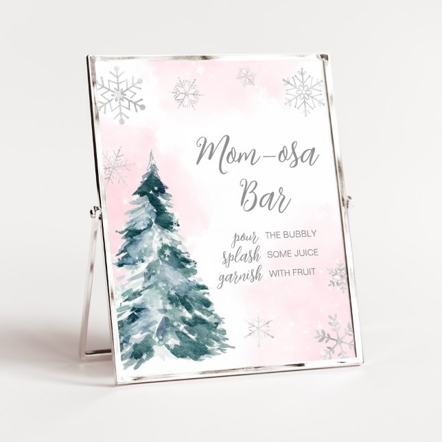 Cold Outside Pink Winter Baby Dusche Mama Osa Bar Poster (Pink Silver Pine Tree Baby Shower Mom Osa Bar Sign)
