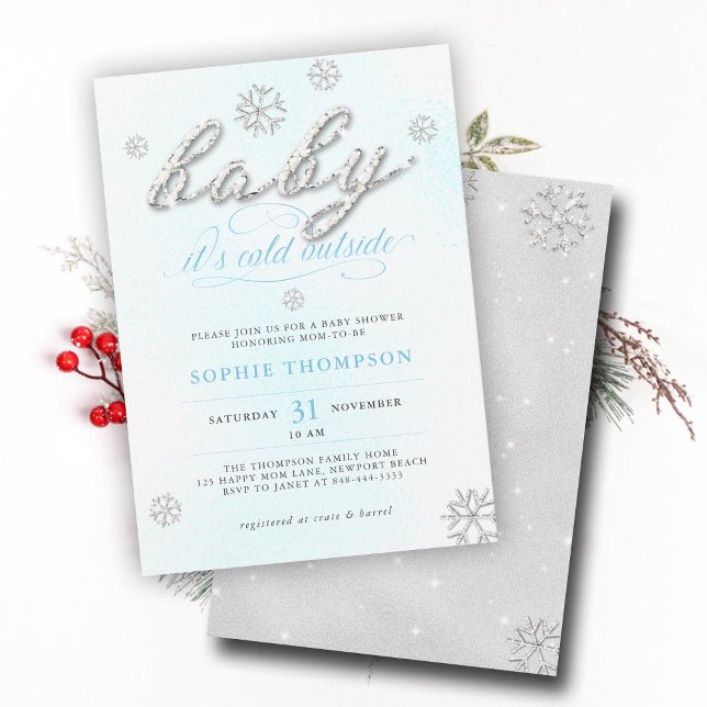 Cold Outside Rhinestones Glitzer Boy Baby Dusche Einladung (cold outside boy baby shower invitation white blue christmas winter rhinestone snowflake elegant)