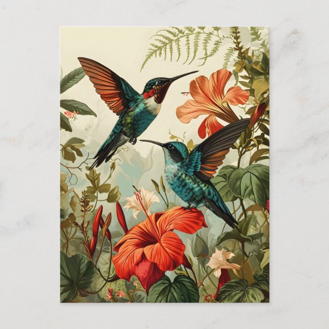 Colibri et fleurs : Carte postale Vintage (Devant)