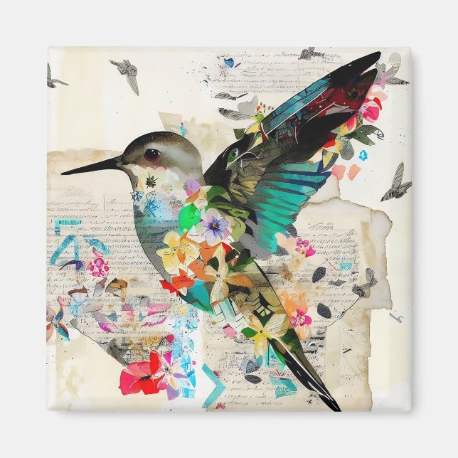 Colibri Mixte Media Art Collage Magnet (Devant)