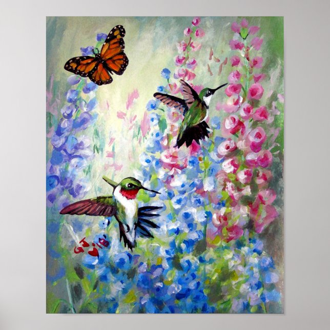 Colibris et fleurs affiches et impressions (Devant)