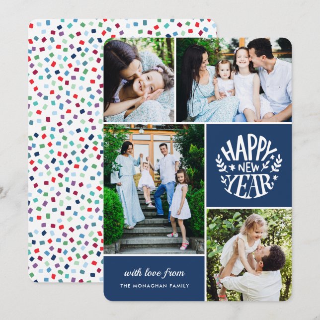 Collage 4 Photo Carte Nouvel An | Bleu (Devant / Derrière)
