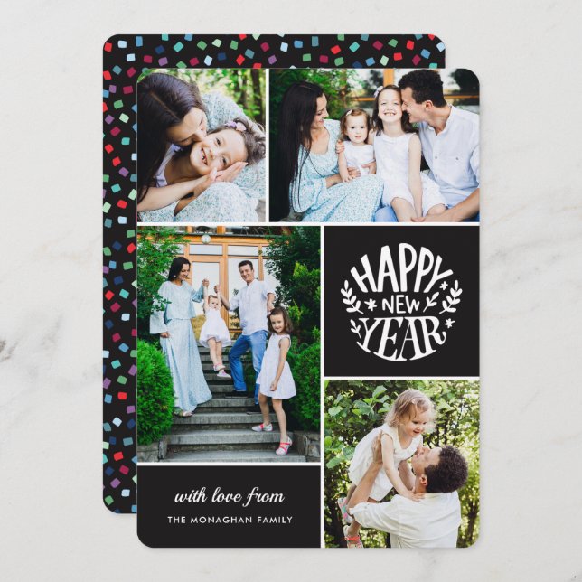 Collage 4 Photo Carte Nouvel An | Noir (Devant / Derrière)