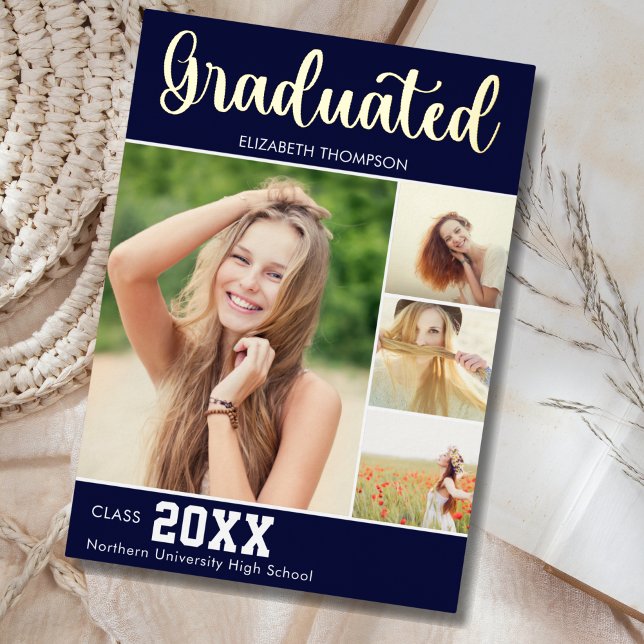 Collage 4 Photos Modern Script Graduation Folieneinladung (Von Creator hochgeladen)
