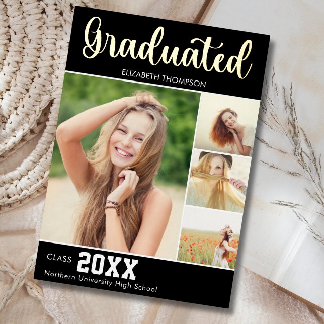 Collage 4 Photos Modern Script Graduation Folieneinladung (Von Creator hochgeladen)