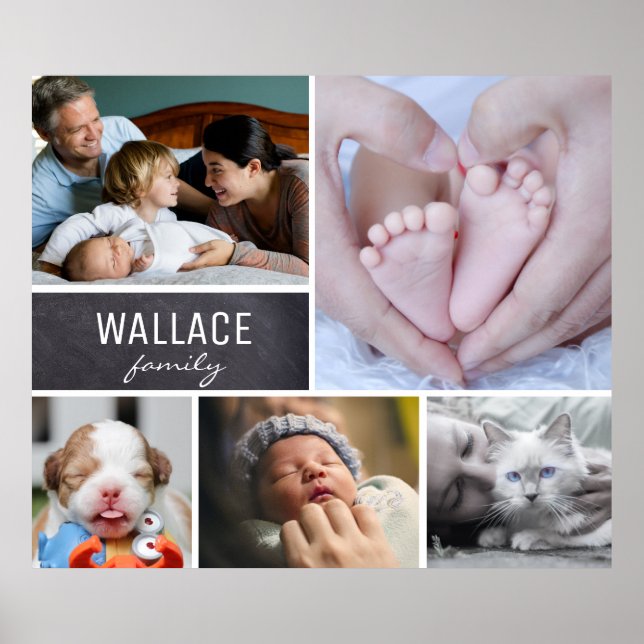 Collage 5 Fotos mit Familienname, Chalkboard Poster (Vorne)