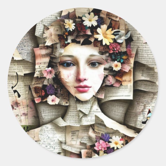 Collage Art | Hübsches Mädchen aus Buchseiten Runder Aufkleber (Vorderseite)