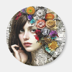 Collage Art   Hübsches Mädchen mit Blume in ihrer  Magnet
