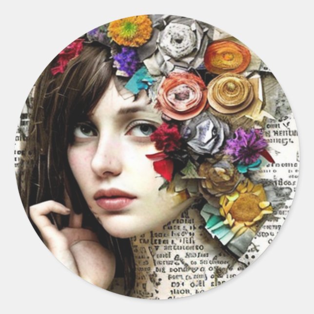Collage Art | Hübsches Mädchen mit Blume in ihrer  Runder Aufkleber (Vorderseite)
