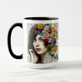 Collage Art | Hübsches Mädchen mit Blume in ihrer Tasse