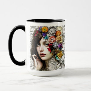 Collage Art Hübsches Mädchen mit Blume in ihrer Tasse