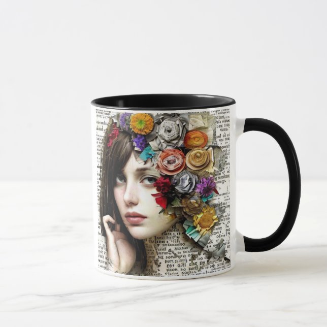 Collage Art | Hübsches Mädchen mit Blume in ihrer  Tasse (Rechts)