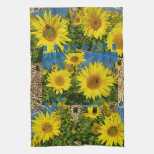 Collage aus gelben Sonnenblumen im Sommer, Geschirrtuch