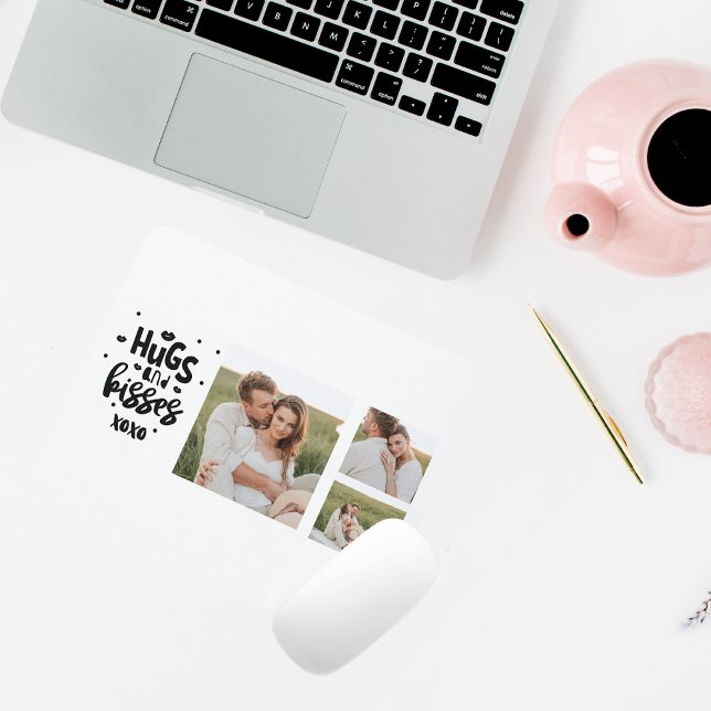 Collage Couple Foto & Hugs and Kisses Phrase Liebe Mousepad (Von Creator hochgeladen)