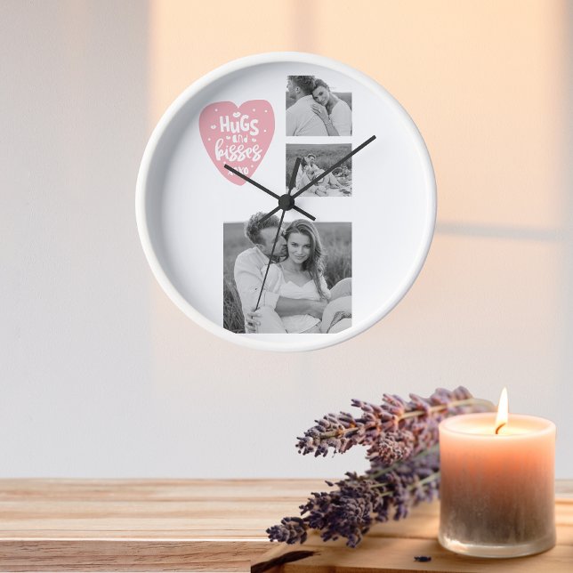 Collage Couple Foto & Hugs and Kisses PInk Herz Uhr (Von Creator hochgeladen)