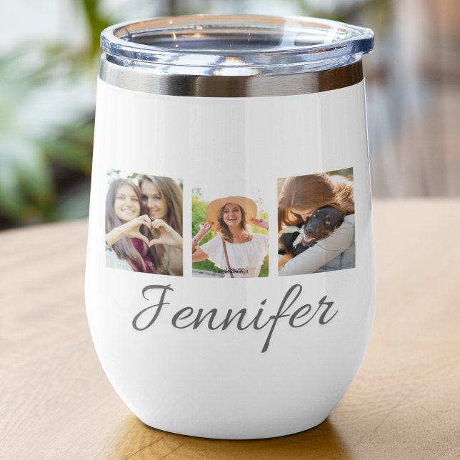 Collage de la bande de signature (“Collage wine tumbler design with rectangular photo strip and signature style script text below.”)