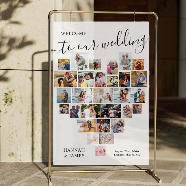 Collage de photos du coeur 29 Pic Mariage blanc Bi (White acrylic wedding sign with heart shaped photo collage)