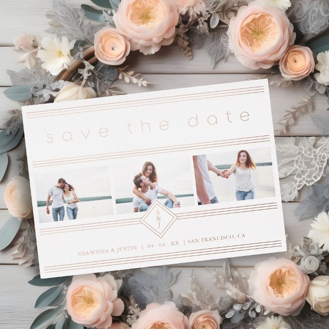 Collage Minimalist 3 Photos Couple Wedding Initial Folieneinladung (Collage Minimalist 3 Photos Couple Wedding Initials Real Metallic Foil Save the Date Card.)