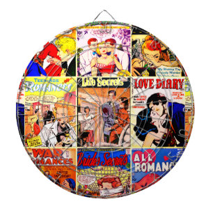 Collage mit Covern alter Romantik-Comic-Hefte Dartscheibe