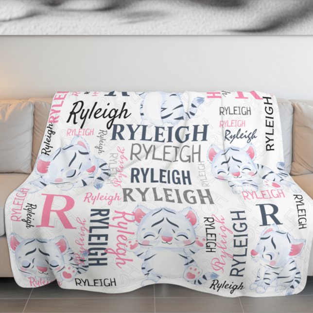 Collage Name White Tigers with Name Pattern Fleecedecke (Collage Name White Tigers with Name Pattern Fleece Blanket)