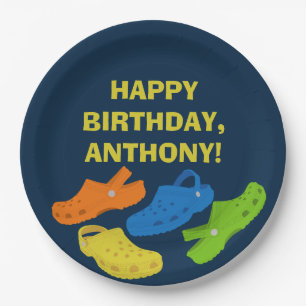 Collage of Plastic Shoes Navy Blue Birthday Party Pappteller