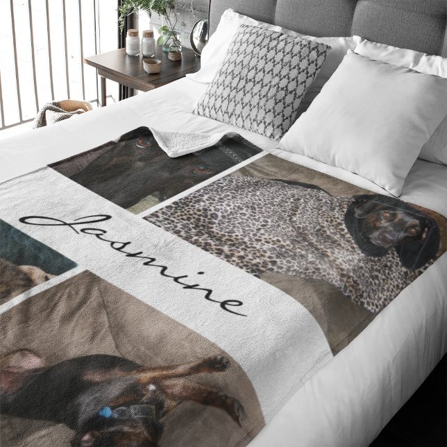 Collage photo blanc | Couverture de chien en polai (Capture precious pet moments with our Modern Pet Photo Collage Fleece Blanket. )