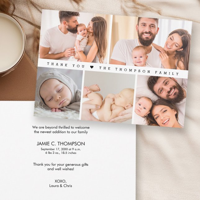 Collage photo personnalisé 5 Photo simple Merci bé (Birth announcement and thank you photo collage simple cards.)