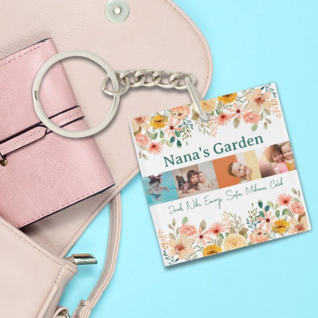 Collage photo personnalisé Jardin de Nana Grandma (Personalized Photo Collage Nana Grandma's Garden Keychain)