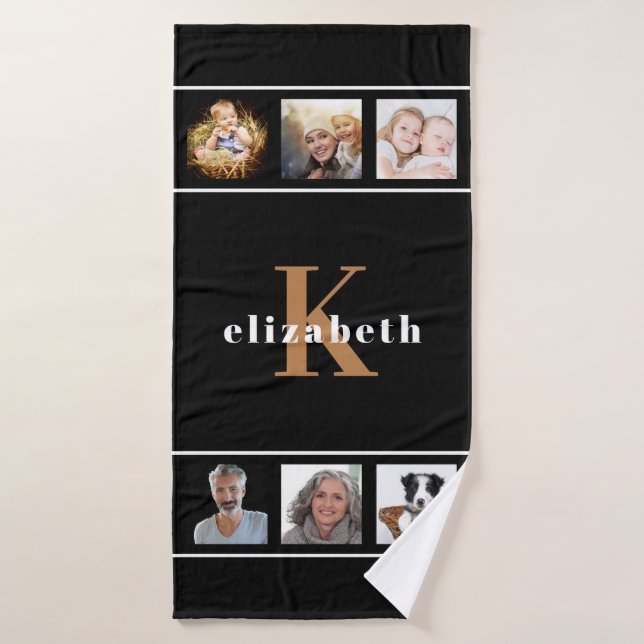 Collage photo personnalisé noir or monogramme mode (Serviette de bain)