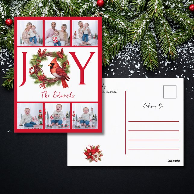 Collage sechs Fotos | Joy Red Christmas Postcard Postkarte (Spread joy this holiday season with a stylish postcard! Personalize and order yours today!)
