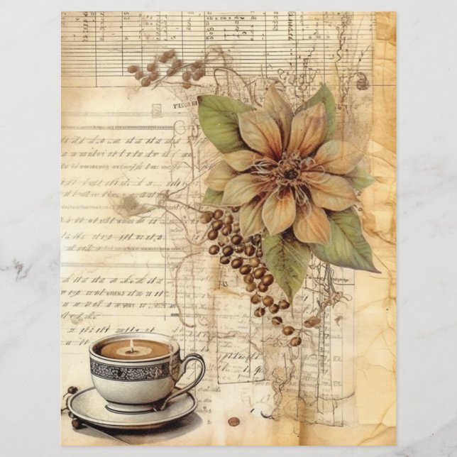 Collage Vieux papier tasse de café fleur de thé (Devant)