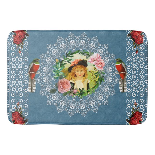 Collage Vintag Retro mit Spitzen und Blume Badematte (Vorderseite)