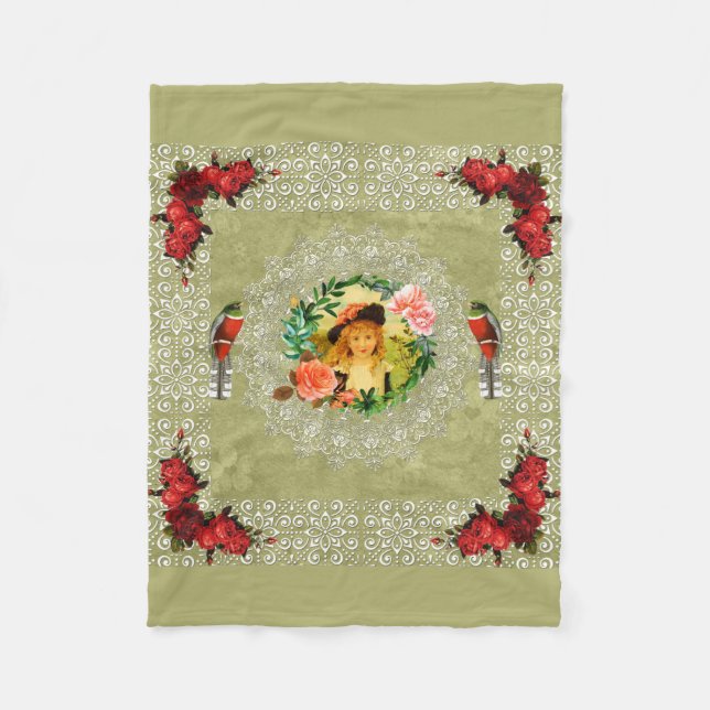Collage Vintag Retro mit Spitzen und Blume Fleecedecke (Vorderseite)