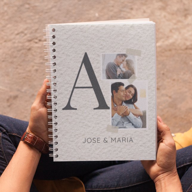 Collaged Initial Stories Notizbuch (Notebook with serif initial, stacked photos, washi tape accents, and charcoal text on white.)