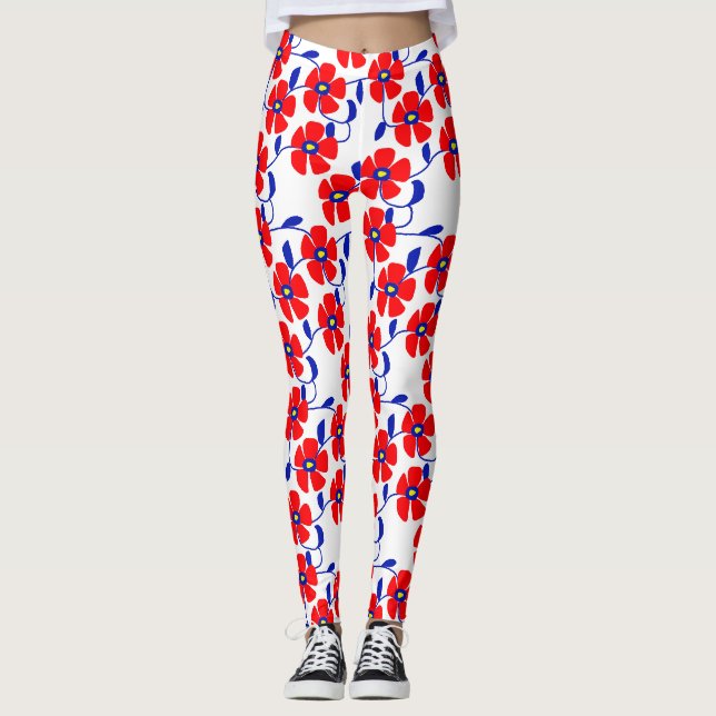 Collants Fleurs Rouges Vignes Bleues (Devant)