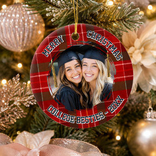 College-Besties-Foto rotes Karo-Tartan Keramik Ornament