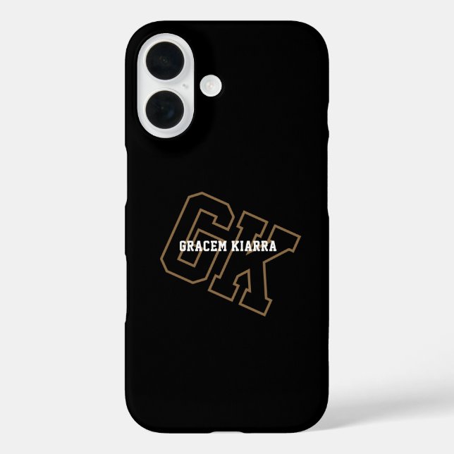 College-Schwarz-Gold-Varsity-Monogramm-Initialen iPhone 16 Hülle (Rückseite)