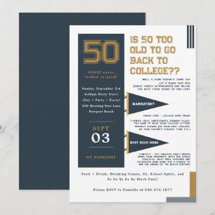 College-Wimpel Blau und Gold 50. Geburtstag Einladung