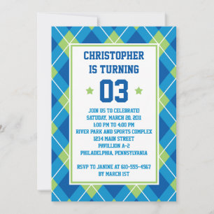 Collegiate Style Blue & Green Raute 12x18 Geburtst Einladung