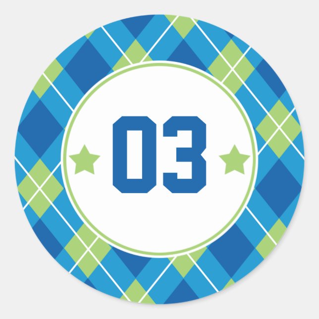 Collegiate Style Blue & Green Raute Personalisiert Runder Aufkleber (Vorderseite)
