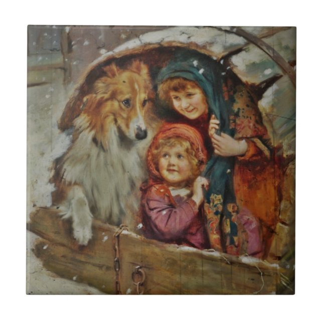 Collie and Children in Doghouse Fliese (Vorderseite)