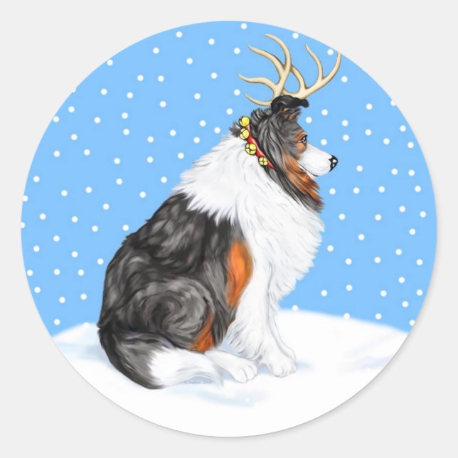 Collie Christmas Reindeer Tri Runder Aufkleber (Vorderseite)