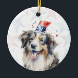 Collie Dog, 4th of july Personalized Keramik Ornament<br><div class="desc">Celebrate your love for your furry friend and American pride with this personalized 4th of July dog ornament 🇺🇸🐾 The design features a watercolor dog wearing a stars-and-stripes hat on a soft red and blue stars background. Personalize the back with your dog’s name, a custom 4th of July greeting, and...</div>