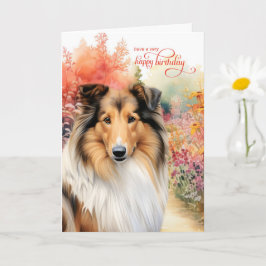 Collie Dog Birthday Wishes Flower Garden Karte