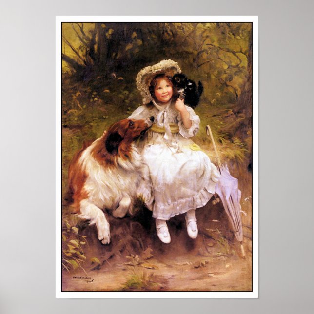 Collie Dog, Girl and Cat Poster Print (Vorne)