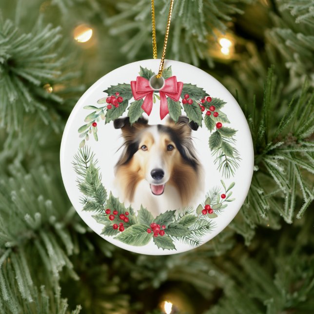 Collie Dog Red Bow Holly Wreath Keramik Ornament (Baum)