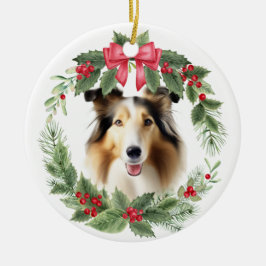 Collie Dog Red Bow Holly Wreath Keramik Ornament