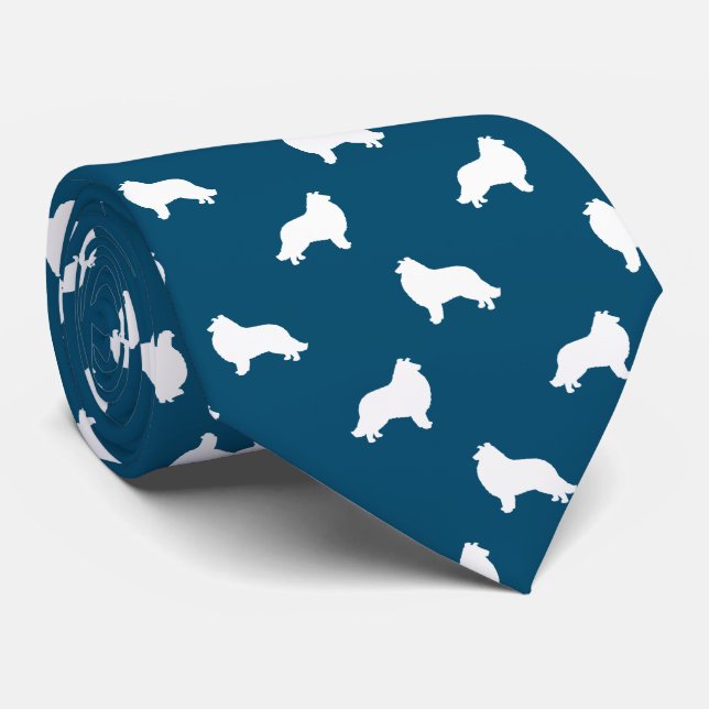 Collie Dog Silhouetten Muster Blau Krawatte (Gerollt)